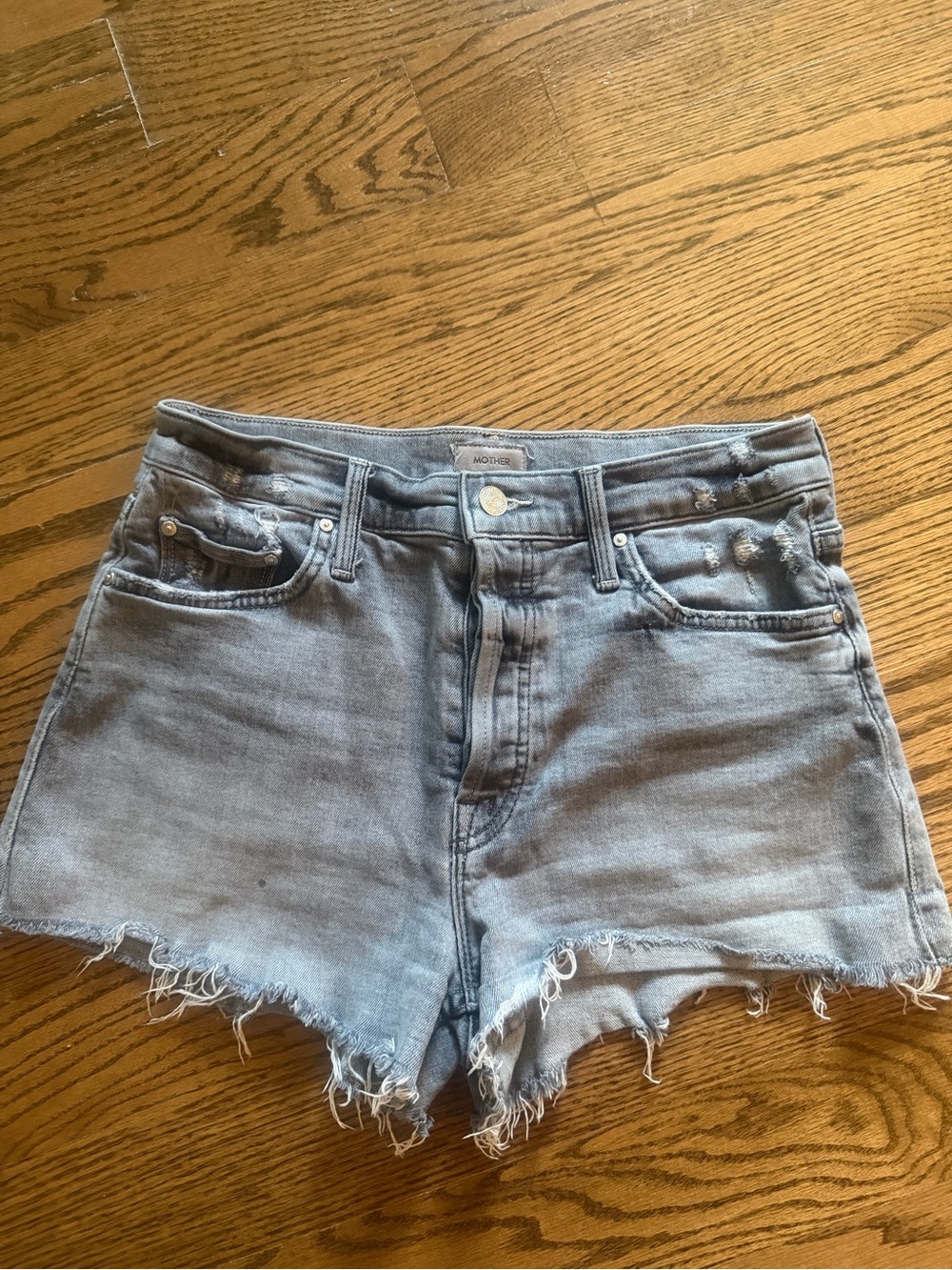 MOTHER Grey Distressed Denim Cutoff Shorts